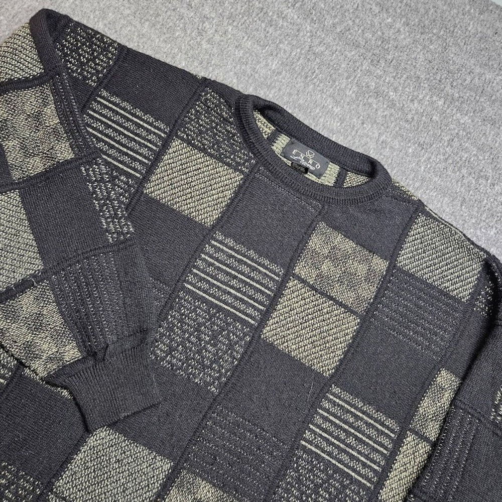 Enro Sweater Mens 2X Black Patchwork Geometric Wool Blend Crewneck Knit Vintage